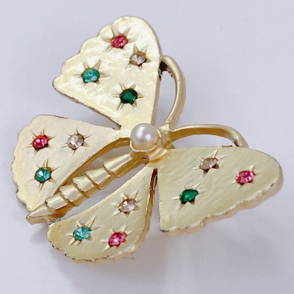 VTG 1950s Butterfly Brooch Colorful Rhinestone Pearl Mid Century Gold Tone Pin - Picture 4 of 8